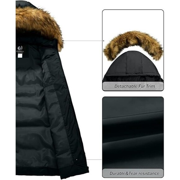 Puffer Coat Parka Hooded Jacket Womens XS Black Windproof CHERFLY - Picture 5 of 16